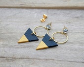 Greenguard certified black and golded wood earrings Black and gold triangles earrings and raw brass rings.