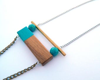 Wood rectangular necklace (walnut) hand painted with turquoise beads - Chain stainless steel - Wooden jewelry- gold and turquoise