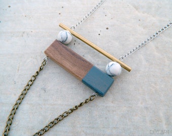 Wood rectangular necklace (walnut) hand painted with marbled howlite beads- Chain stainless steel - Wooden jewelry- gold and grey