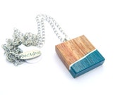 Square pendant exotic wood hand painted - Geometric teal and white art - stainless steel chain or chocker necklace - acrylic paint 