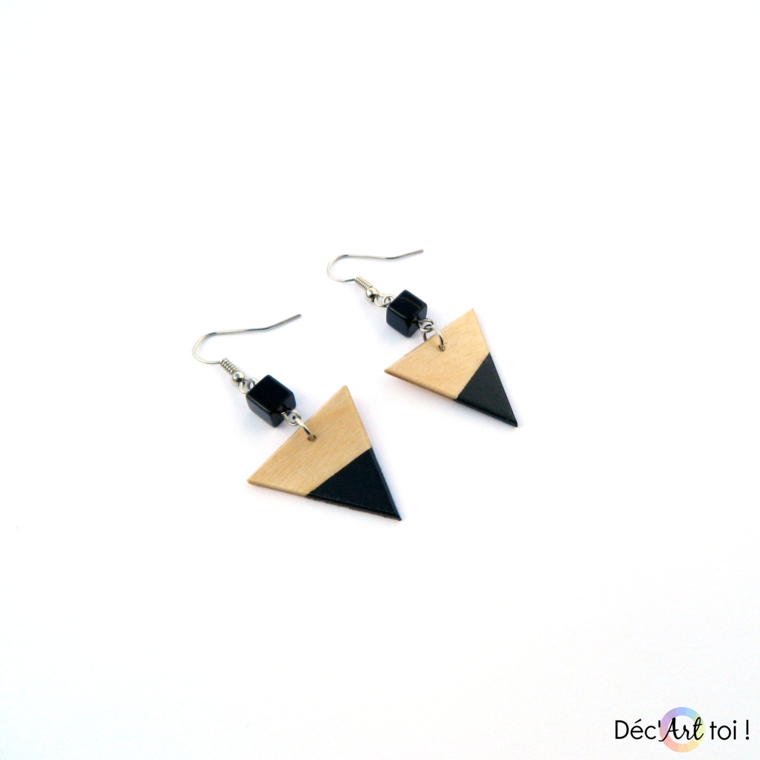 Natural wood and blue Minimalist and geometric jewelry Acrylic paint Hand-painted wood Earrings