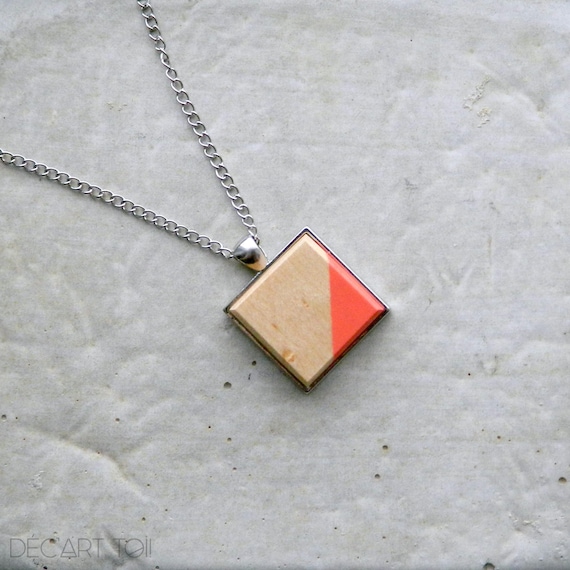 Square Wood Pendant, Hand Painted Wooden Jewelery Geometric Coral ...