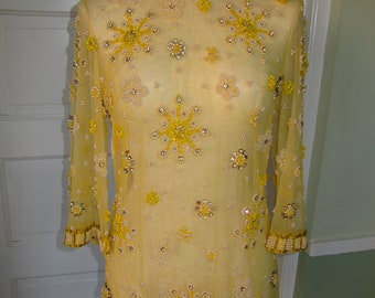 VINTAGE Women's Yellow Sheer Tunic Top W Rhinestones, Beads & Pearl Flowers, Size Marked 10