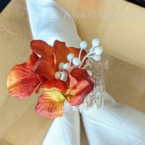 Autumn Hued Flowers with Cream Berries and Burlap, Set of 4 - Shabby Chic - Thanksgiving Napkin Rings - Fall Napkin Ring - Autumn Napkin Rin