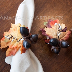 Dark Acorns on Fiery Satiny Leaves, Set of 4 - Fall - Autumn - Thanksgiving Napkin Ring