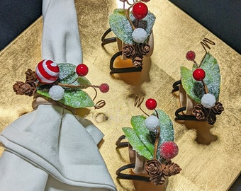 Winter Napkin Ring - Christmas Napkin Ring - Bright Winter Peppermint Berries, Set of 4