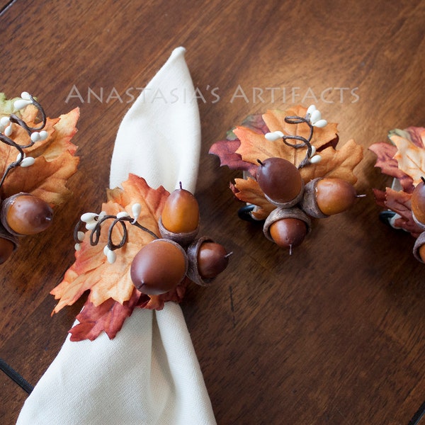 Warm Acorns on Fiery Satiny Leaves, Set of 4 - Fall Napkin Ring - Autumn Napkin Ring - Thanksgiving Napkin Ring