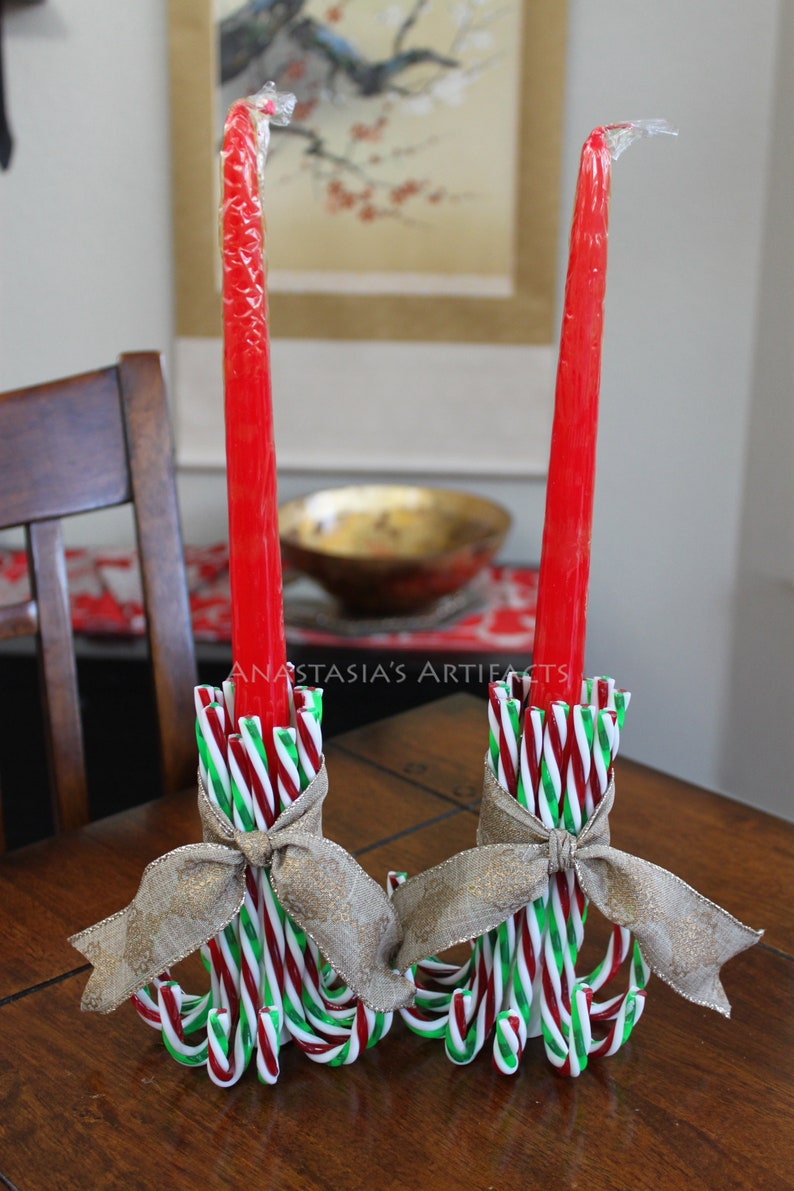 Pair Reusable Candy Cane Candle Holders Choose Your Ribbon Etsy