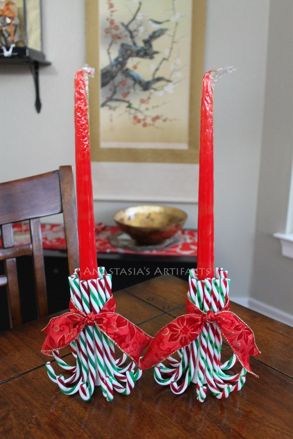 Pair Reusable Candy Cane Candle Holders Choose Your Ribbon Etsy