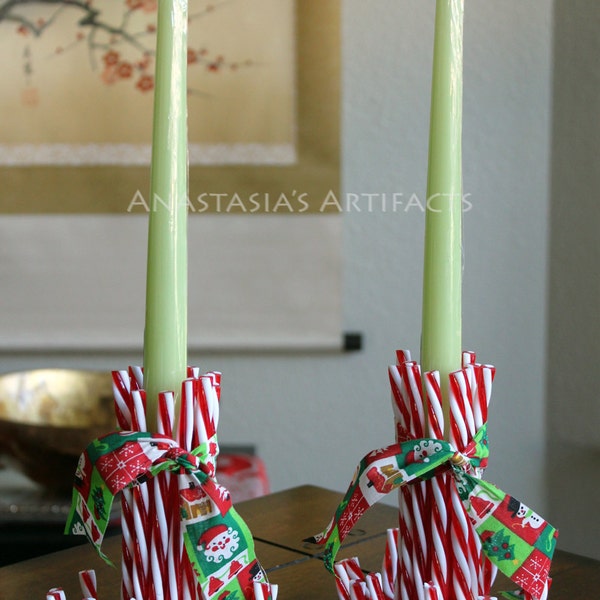 Pair Reusable Candy Cane Candle Holders, Vintage Christmas Ribbon - Taper Candles - Christmas Candle Holders - Creative Candles