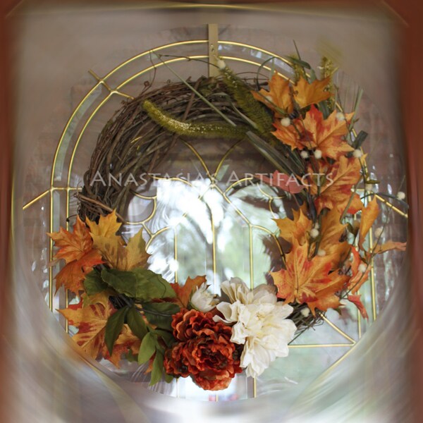 エレガントな秋の紅葉リース - 秋のリース - 秋のリース - ダリアとシャクヤク - ブドウの木