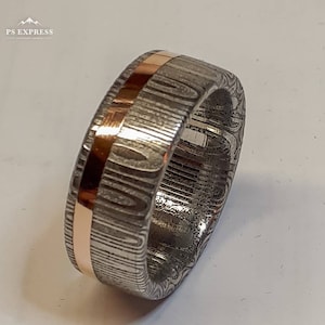 Damascus Steel and Rose Gold Ring