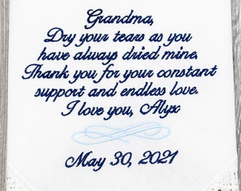 Grandma Gift Wedding Handkerchief, Personalized Grandma Wedding Gift, Grandmother Gift Embroidered Personalised Wedding Gift for Grandma