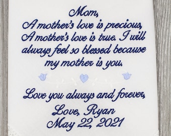 Mother of the Bride Gift, Embroidered Wedding Handkerchief, Personalized Wedding Gift, Custom Mother of Bride Gift Personalized Handkerchief
