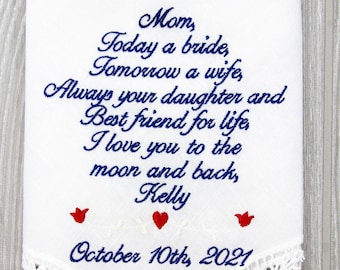 Mother of the Bride Handkerchief, Wedding Handkerchief Embroidered Mother of the Bride Gifts, Bridal  Personalized Wedding Gift for Mom