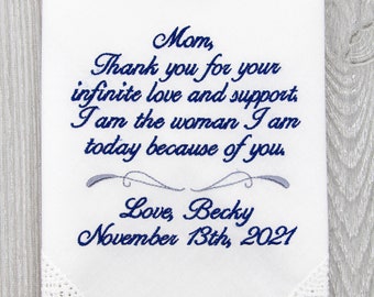 Mother of the Bride Gift, Wedding Handkerchief Embroidered Gifts for Mom, Wedding Gifts for Mom, Personalized Wedding Gift Bridal Handkie