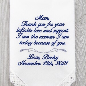 Mother of the Bride Gift, Wedding Handkerchief Embroidered Gifts for Mom, Wedding Gifts for Mom, Personalized Wedding Gift Bridal Handkie