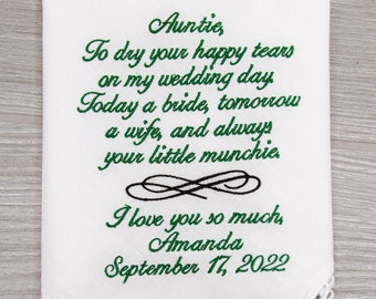 Aunt of the Bride Gift, Aunt of Bride Gift wedding handkerchief, mother of the bride, mom wedding gift, mother bride gift, Auntie handkie