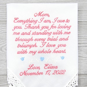 Personalised Mother of the Bride Gift, Embroidered Personalized Wedding Gift for Parents of the Bride, Wedding Handkerchief Mom Gift Bridal