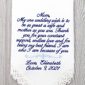 Mother of the Bride Personalized Wedding Gift, Wedding Handkerchief Embroidered Gift for Mom From Bride to Mom Gift Custom Hanky Hankerchief