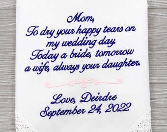 Mother of Bride Gift, wedding handkerchief, wedding gift, gift from bride, mother of the bride, mom wedding gift, personalized Handkerchief