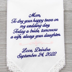 Mother of Bride Gift, wedding handkerchief, wedding gift, gift from bride, mother of the bride, mom wedding gift, personalized Handkerchief