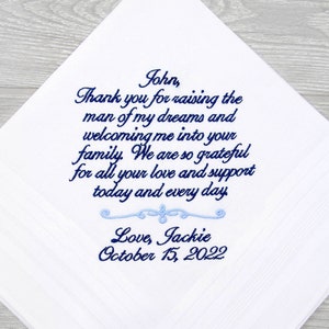 Father in Law Personalized Wedding Gift, Father of the groom gift from bride, father of groom wedding handkerchief Wedding gifts for parents