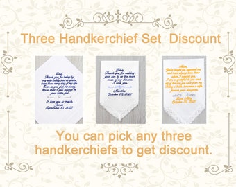 Wedding Handkerchief Set of Three Discount, Mother of the Bride, Father of the bride, Mother of the groom, Father of the groom Wedding Gift
