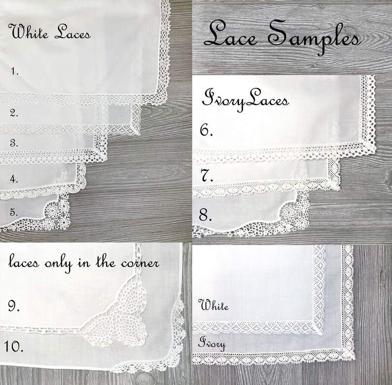 Puede incluir: Muestras de encaje en blanco y marfil. Las muestras est&aacute;n dispuestas en filas, con el encaje en el borde inferior de cada muestra. Las muestras est&aacute;n numeradas del 1 al 10. El texto "White Laces" y "Ivory Laces" es visible en la imagen. El texto "laces only in the corner" tambi&eacute;n es visible en la imagen.