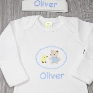 Baby Boy Coming Home Outfit, Newborn Boy, Monogrammed Gown and Hat Set, Monogram Baby Boy, Newborn Boy Outfit, Baby Shower Gift, Hello World