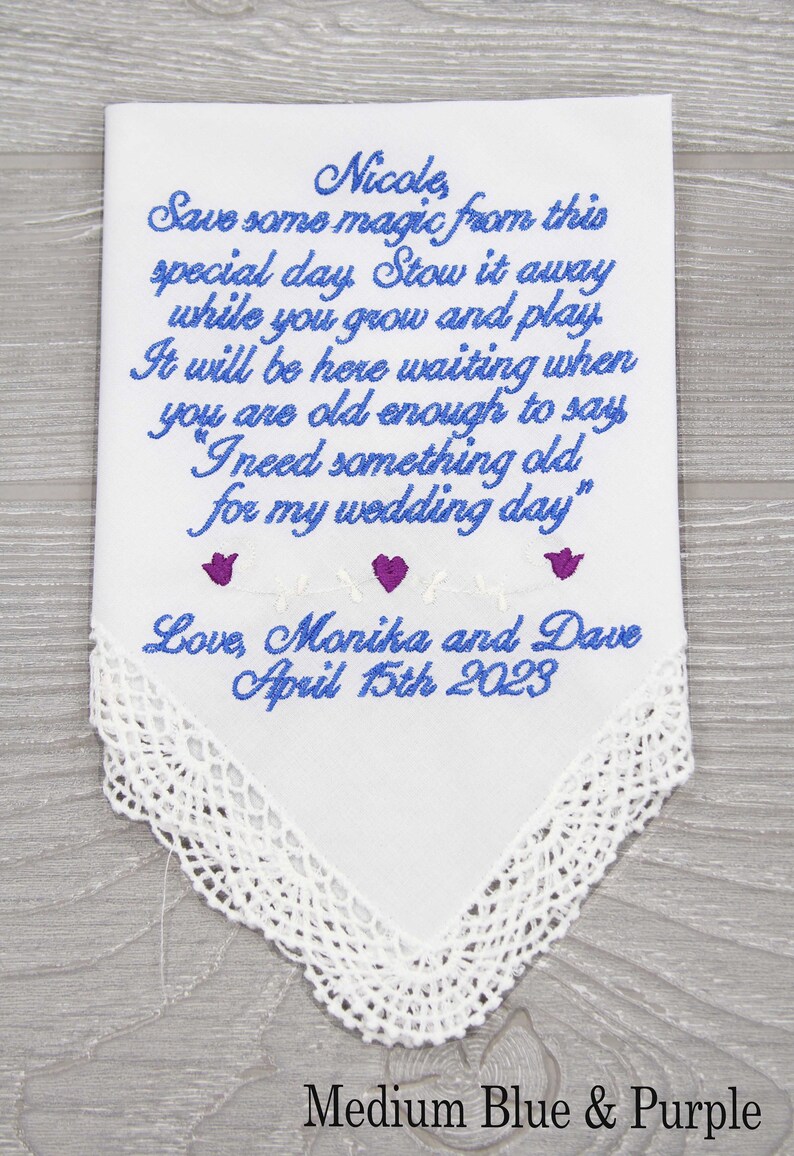 Pañuelo personalizado bordado para niña de las flores, regalo de boda personalizado para niña de las flores, pañuelo personalizado para niña de las flores, algo azul imagen 6