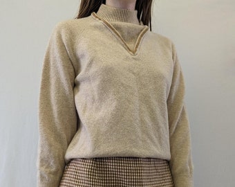 1970s St Michael Lambswool Oatmeal Coloured Mockneck Sweater With Faux V-Neck Detail