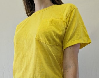 1980s Mr Brief Yellow Cropped T-Shirt With Pocket and Raw Hem