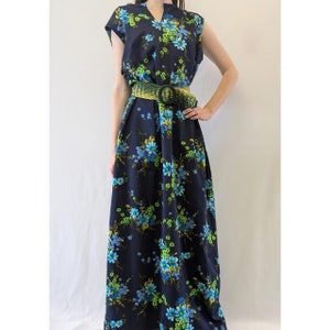 1960s Handmade Groovy Flower Power Navy Blue A-Line Maxi Dress With Blue, Green and White Floral Print