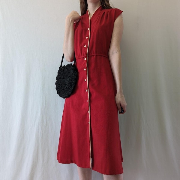 1970s does 1940s Cranberry Red Button Front Shirtdress With Cream Piping