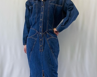 1980s 19th Avenue Long Sleeve Dark Wash Denim Midi Dress With Snap Front