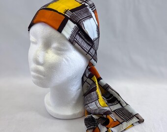 1970s Warm Toned Brown, Yellow, Orange and White Geometric Print Rectangular Scarf