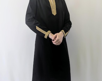 1960s Medieval Revival Black Tunic Dress With Gold Lurex Trim and Deep V Neck