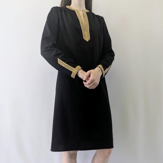 1960s Medieval Revival Black Tunic Dress With Gold Lurex Trim and Deep V Neck - Etsy 1960s Medieval Revival Black Tunic Dress With Gold Lurex Trim and Deep V Neck - Etsy