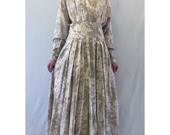 1990s Class Clothing Beige and White Floral Long Sleeve Maxi Dress With Wrap Style Bodice and Pleated Skirt