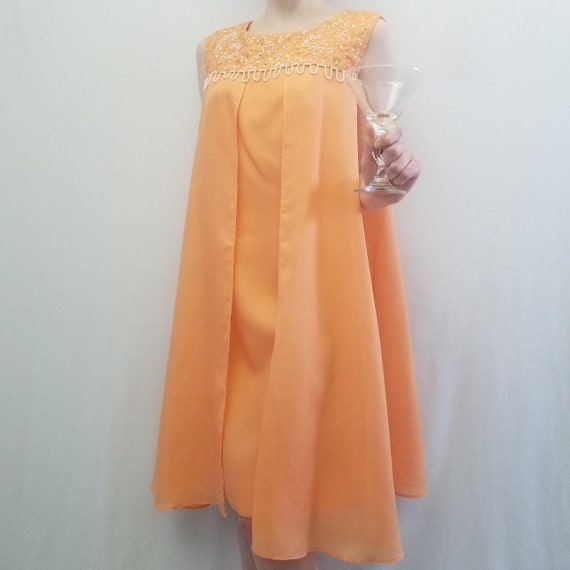 1960s Peach Beaded Babydoll Cocktail Dress Gem