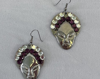 1980s Silver-Toned Face Shaped Dangly Earrings With Clear and Purple Rhinestone Accents