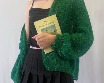 1980s Green Wool Cardigan With Multicoloured Speckled Accents