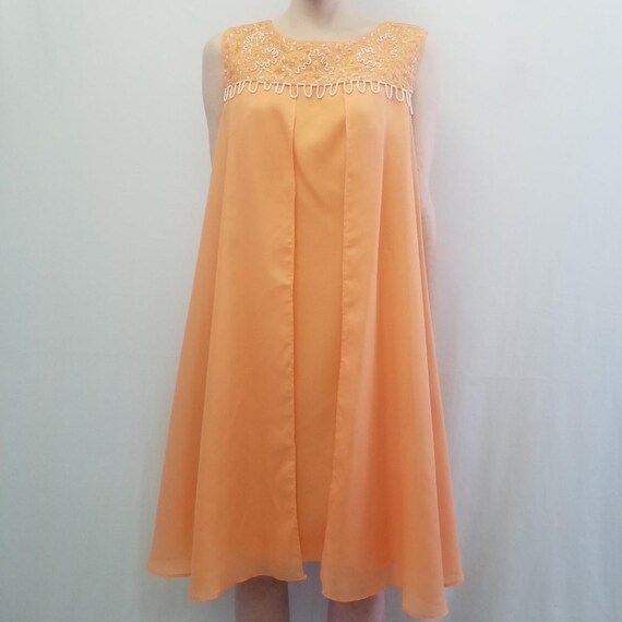 1960s Peach Beaded Babydoll Cocktail Dress Gem