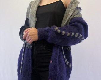1980s Magnolia Purple, Grey and Black Colour Block Wool Blend Cardigan With Abstract Stripe Accents