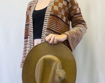 1970s Excelsior Beige and Brown Space Dyed Cardigan With Checkered and Striped Pattern