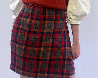 1990s Gap Wool Blend Red, Orange, Blue and Grey Plaid Wrap Skirt
