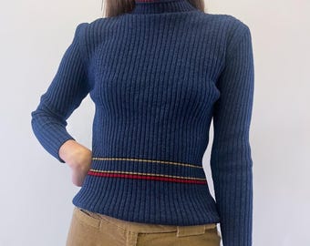 1990s Sue Dai Chun Navy Blue Ribbed Turtleneck Sweater With Red, Yellow and Black Stripe Accents