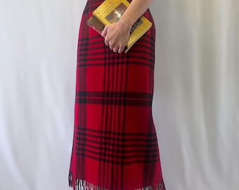 1990s Woolrich Wool Blend Red and Black Plaid Maxi Skirt With Fringe Trim