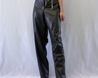 1990s NWT Lana Lee Shiny Dark Olive Green High Rise, Straight Leg Pants